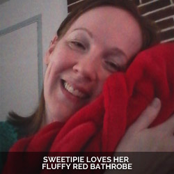Sweetipie loves her fluffy red bathrobe